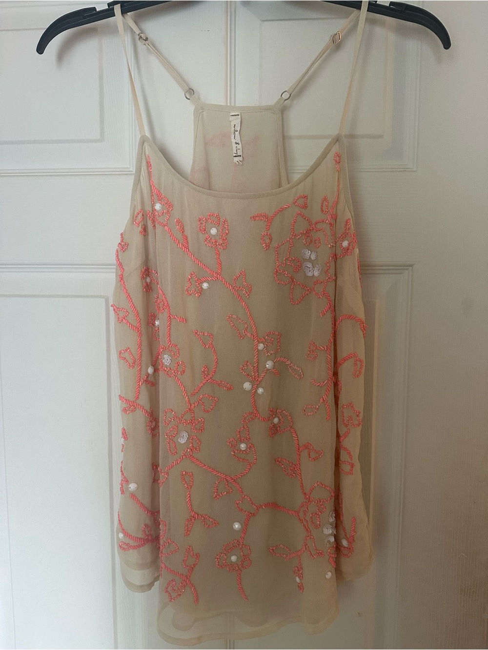 Willow & Clay Ivory Sheer Cami with Coral Beaded Embroidery